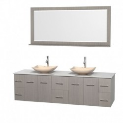 80 inch Double Bathroom Vanity in Gray Oak, White Man-Made Stone Countertop, Arista Ivory Marble Sinks, and 70 inch Mirror