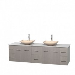 80 inch Double Bathroom Vanity in Gray Oak, White Man-Made Stone Countertop, Arista Ivory Marble Sinks, and No Mirror