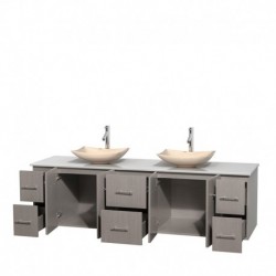 80 inch Double Bathroom Vanity in Gray Oak, White Man-Made Stone Countertop, Arista Ivory Marble Sinks, and No Mirror