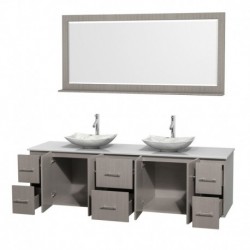 80 inch Double Bathroom Vanity in Gray Oak, White Man-Made Stone Countertop, Arista White Carrera Marble Sinks, and 70 inch Mir