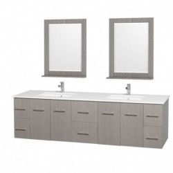 80 inch Double Bathroom Vanity in Gray Oak, White Man-Made Stone Countertop, Undermount Square Sink, and 24 inch Mirrors