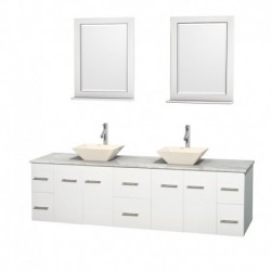 80 inch Double Bathroom Vanity in Matte White, White Carrera Marble Countertop, Pyra Bone Porcelain Sinks, and 24 inch Mirrors