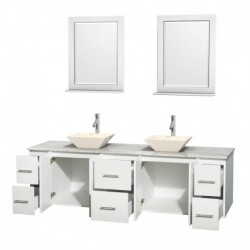 80 inch Double Bathroom Vanity in Matte White, White Carrera Marble Countertop, Pyra Bone Porcelain Sinks, and 24 inch Mirrors