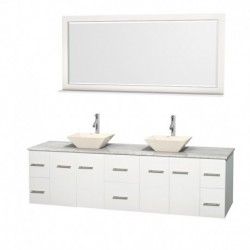 80 inch Double Bathroom Vanity in Matte White, White Carrera Marble Countertop, Pyra Bone Porcelain Sinks, and 70 inch Mirror