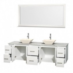 80 inch Double Bathroom Vanity in Matte White, White Carrera Marble Countertop, Pyra Bone Porcelain Sinks, and 70 inch Mirror