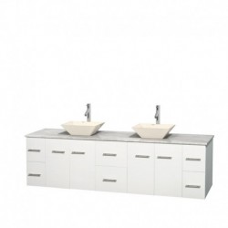 80 inch Double Bathroom Vanity in Matte White, White Carrera Marble Countertop, Pyra Bone Porcelain Sinks, and No Mirror