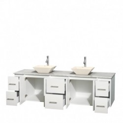 80 inch Double Bathroom Vanity in Matte White, White Carrera Marble Countertop, Pyra Bone Porcelain Sinks, and No Mirror