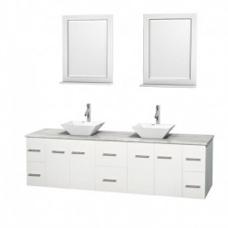 80 inch Double Bathroom Vanity in Matte White, White Carrera Marble Countertop, Pyra White Porcelain Sinks, and 24 inch Mirrors