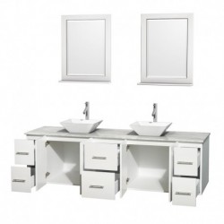 80 inch Double Bathroom Vanity in Matte White, White Carrera Marble Countertop, Pyra White Porcelain Sinks, and 24 inch Mirrors