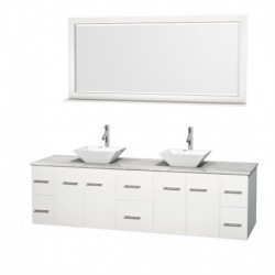 80 inch Double Bathroom Vanity in Matte White, White Carrera Marble Countertop, Pyra White Porcelain Sinks, and 70 inch Mirror