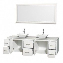 80 inch Double Bathroom Vanity in Matte White, White Carrera Marble Countertop, Pyra White Porcelain Sinks, and 70 inch Mirror