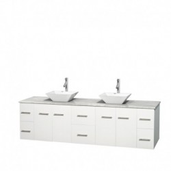 80 inch Double Bathroom Vanity in Matte White, White Carrera Marble Countertop, Pyra White Porcelain Sinks, and No Mirror