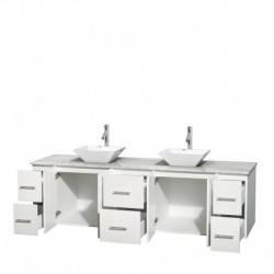 80 inch Double Bathroom Vanity in Matte White, White Carrera Marble Countertop, Pyra White Porcelain Sinks, and No Mirror