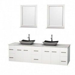 80 inch Double Bathroom Vanity in Matte White, White Carrera Marble Countertop, Altair Black Granite Sinks, and 24 inch Mirrors