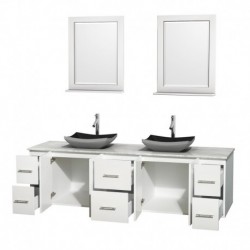 80 inch Double Bathroom Vanity in Matte White, White Carrera Marble Countertop, Altair Black Granite Sinks, and 24 inch Mirrors