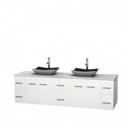 80 inch Double Bathroom Vanity in Matte White, White Carrera Marble Countertop, Altair Black Granite Sinks, and No Mirror