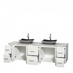 80 inch Double Bathroom Vanity in Matte White, White Carrera Marble Countertop, Altair Black Granite Sinks, and No Mirror