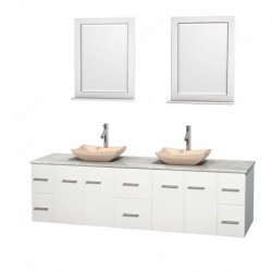 80 inch Double Bathroom Vanity in Matte White, White Carrera Marble Countertop, Avalon Ivory Marble Sinks, and 24 inch Mirrors