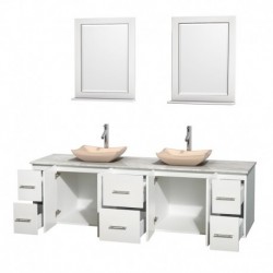 80 inch Double Bathroom Vanity in Matte White, White Carrera Marble Countertop, Avalon Ivory Marble Sinks, and 24 inch Mirrors