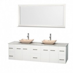 80 inch Double Bathroom Vanity in Matte White, White Carrera Marble Countertop, Avalon Ivory Marble Sinks, and 70 inch Mirror