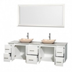 80 inch Double Bathroom Vanity in Matte White, White Carrera Marble Countertop, Avalon Ivory Marble Sinks, and 70 inch Mirror