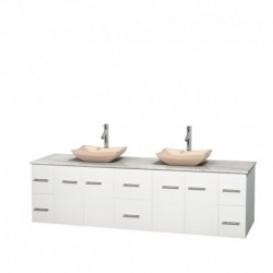 80 inch Double Bathroom Vanity in Matte White, White Carrera Marble Countertop, Avalon Ivory Marble Sinks, and No Mirror