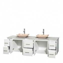 80 inch Double Bathroom Vanity in Matte White, White Carrera Marble Countertop, Avalon Ivory Marble Sinks, and No Mirror