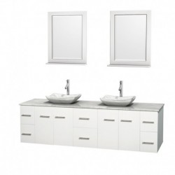 80 inch Double Bathroom Vanity in Matte White, White Carrera Marble Countertop, Avalon White Carrera Marble Sinks, and 24 inch