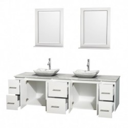 80 inch Double Bathroom Vanity in Matte White, White Carrera Marble Countertop, Avalon White Carrera Marble Sinks, and 24 inch