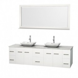 80 inch Double Bathroom Vanity in Matte White, White Carrera Marble Countertop, Avalon White Carrera Marble Sinks, and 70 inch