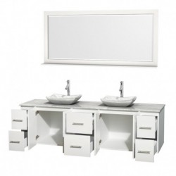 80 inch Double Bathroom Vanity in Matte White, White Carrera Marble Countertop, Avalon White Carrera Marble Sinks, and 70 inch