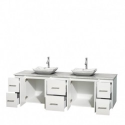 80 inch Double Bathroom Vanity in Matte White, White Carrera Marble Countertop, Avalon White Carrera Marble Sinks, and No Mirro