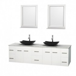 80 inch Double Bathroom Vanity in Matte White, White Carrera Marble Countertop, Arista Black Granite Sinks, and 24 inch Mirrors