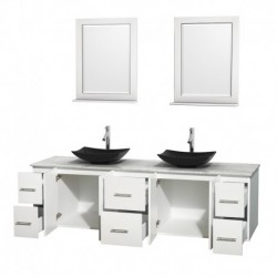 80 inch Double Bathroom Vanity in Matte White, White Carrera Marble Countertop, Arista Black Granite Sinks, and 24 inch Mirrors