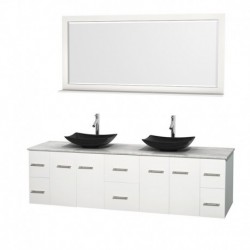 80 inch Double Bathroom Vanity in Matte White, White Carrera Marble Countertop, Arista Black Granite Sinks, and 70 inch Mirror