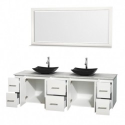 80 inch Double Bathroom Vanity in Matte White, White Carrera Marble Countertop, Arista Black Granite Sinks, and 70 inch Mirror