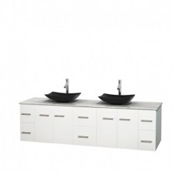 80 inch Double Bathroom Vanity in Matte White, White Carrera Marble Countertop, Arista Black Granite Sinks, and No Mirror