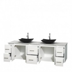 80 inch Double Bathroom Vanity in Matte White, White Carrera Marble Countertop, Arista Black Granite Sinks, and No Mirror