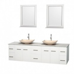 80 inch Double Bathroom Vanity in Matte White, White Carrera Marble Countertop, Arista Ivory Marble Sinks, and 24 inch Mirrors