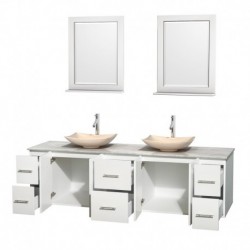 80 inch Double Bathroom Vanity in Matte White, White Carrera Marble Countertop, Arista Ivory Marble Sinks, and 24 inch Mirrors