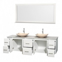 80 inch Double Bathroom Vanity in Matte White, White Carrera Marble Countertop, Arista Ivory Marble Sinks, and 70 inch Mirror