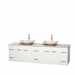 80 inch Double Bathroom Vanity in Matte White, White Carrera Marble Countertop, Arista Ivory Marble Sinks, and No Mirror