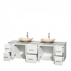 80 inch Double Bathroom Vanity in Matte White, White Carrera Marble Countertop, Arista Ivory Marble Sinks, and No Mirror