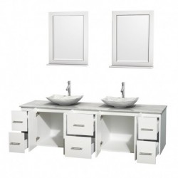 80 inch Double Bathroom Vanity in Matte White, White Carrera Marble Countertop, Arista White Carrera Marble Sinks, and 24 inch