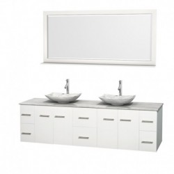 80 inch Double Bathroom Vanity in Matte White, White Carrera Marble Countertop, Arista White Carrera Marble Sinks, and 70 inch