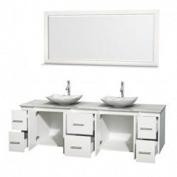 80 inch Double Bathroom Vanity in Matte White, White Carrera Marble Countertop, Arista White Carrera Marble Sinks, and 70 inch