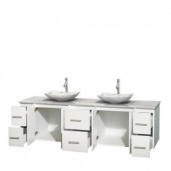 80 inch Double Bathroom Vanity in Matte White, White Carrera Marble Countertop, Arista White Carrera Marble Sinks, and No Mirro