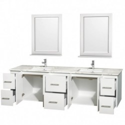 80 inch Double Bathroom Vanity in Matte White, White Carrera Marble Countertop, Undermount Square Sink, and 24 inch Mirrors