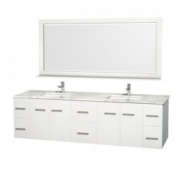 80 inch Double Bathroom Vanity in Matte White, White Carrera Marble Countertop, Undermount Square Sink, and 70 inch Mirror