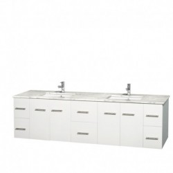 80 inch Double Bathroom Vanity in Matte White, White Carrera Marble Countertop, Undermount Square Sinks, and No Mirror